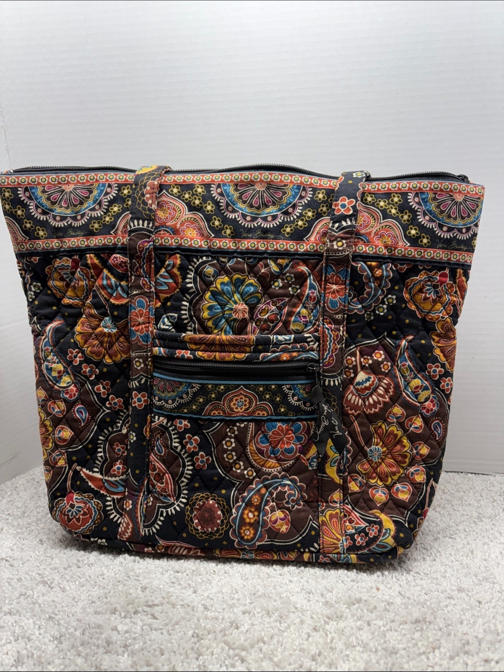 Vera Bradley Quilted Shoulder Tote in Black with Multicolor Paisley